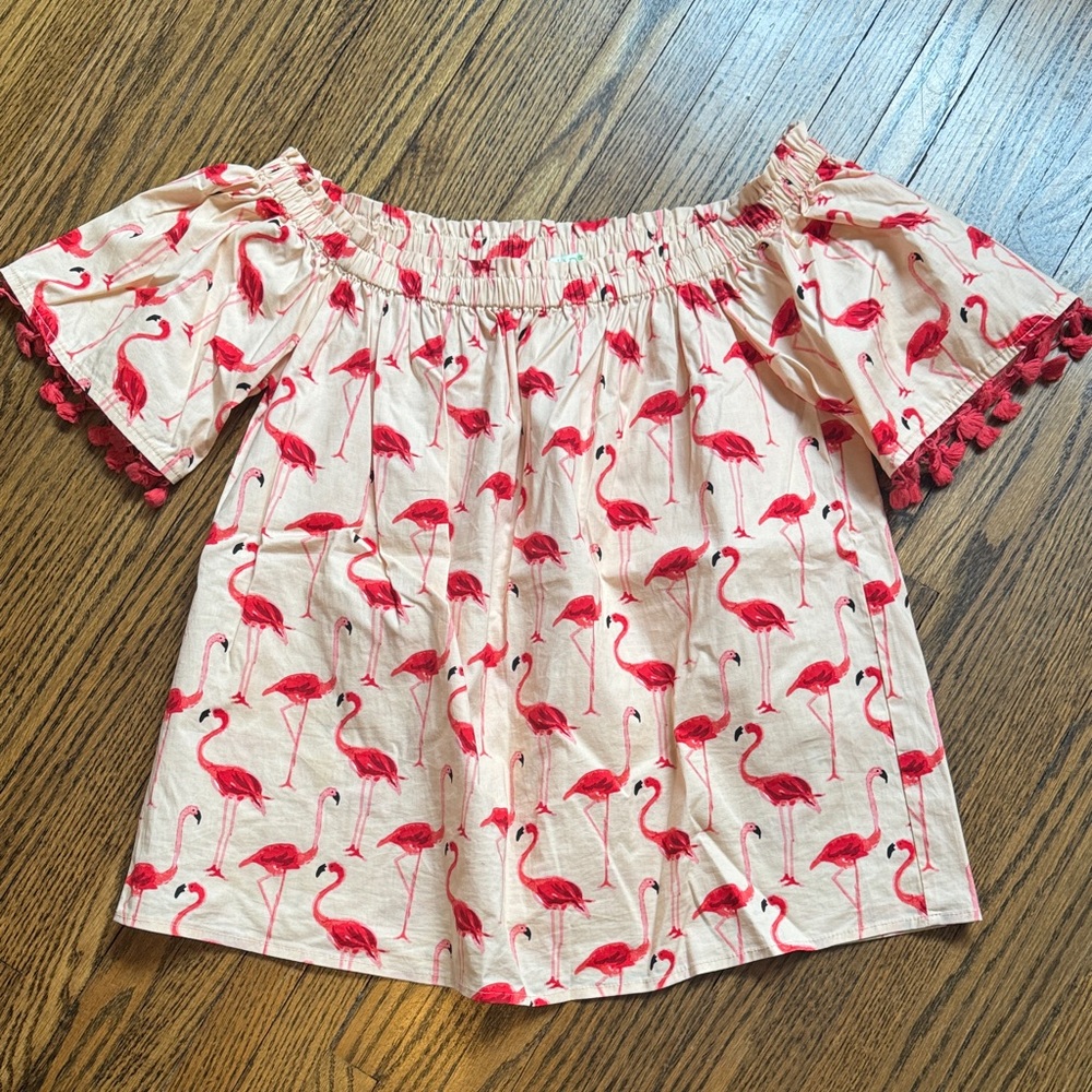 Jade Off-Shoulder Flamingo Print Top - red & Pink! Worm once, like new! 🦩🦩